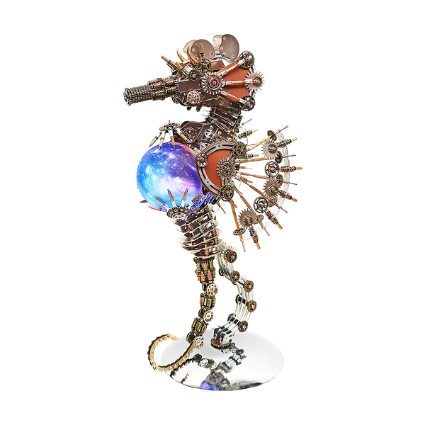 This Steampunk Mechanical Seahorse 3D Puzzle Metal Kit features an elaborate design, combining precision-cut gears, interlocking mechanical components, and a glowing cosmic-themed spherical element. The metallic textures, intricate gear arrangements, and vibrant blue-purple sphere create a striking visual contrast. Set on your funny table as a focal display, it blends steampunk industrial art with a whimsical seahorse form—serving as both a challenging assembly project and a unique decorative piece.