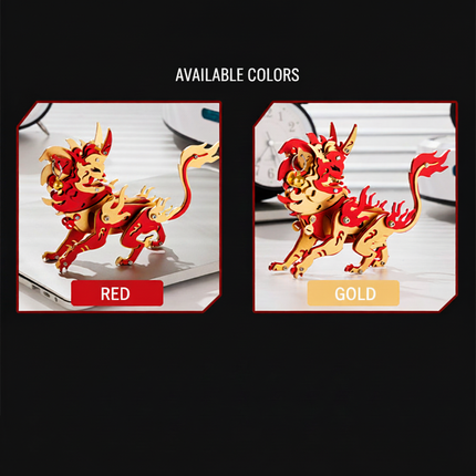 This image showcases the color options for a 3D metal puzzle kit featuring a mythical guardian beast from Chinese folklore. Two color variants are displayed side-by-side: one is a vibrant red model accented with gold, while the other is a majestic gold model accented with red. Both feature intricate flame-like details.