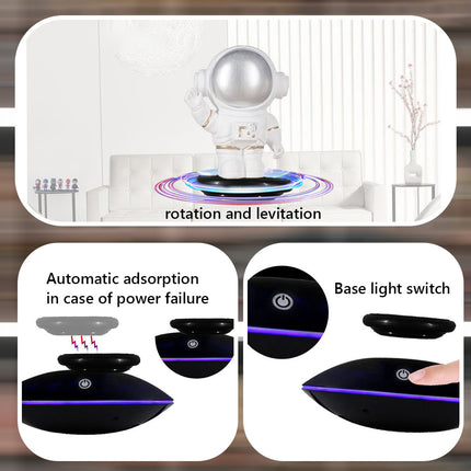 Features of the levitating astronaut figurine: 360° rotation, base light control, and auto-adsorption safety during power failure