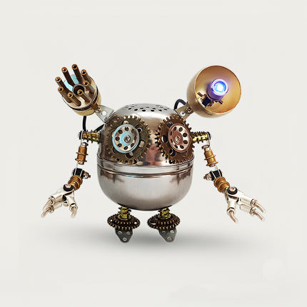 Cool 3D puzzle Metal Kits robot build, featuring bright gears and a glowing light. A funny and engaging DIY desktop display.