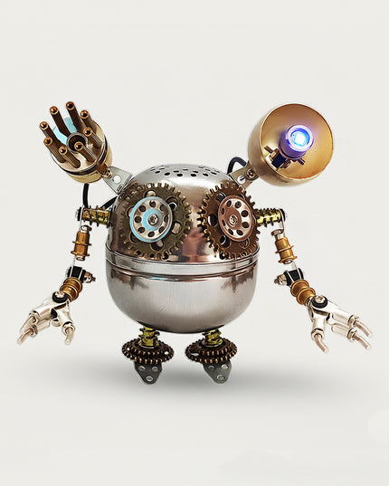 Cool 3D puzzle Metal Kits robot build, featuring bright gears and a glowing light. A funny and engaging DIY desktop display.