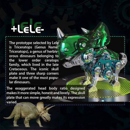  "Lele" Triceratops mechanical steampunk metal model, with text describing its dinosaur prototype and design features. A unique 3D puzzle metal kit for fans of steampunk puzzles and dinosaurs.