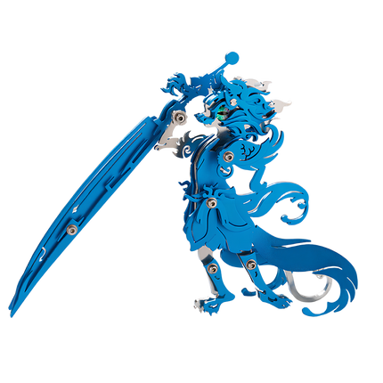 A vibrant blue and silver DIY 3D puzzle metal kit warrior metal model with green gemstone eyes, wielding a sword. This dynamically posed metal figure makes an excellent and amusing tabletop decoration, perfect for adding heroic flair to any collection or display.
