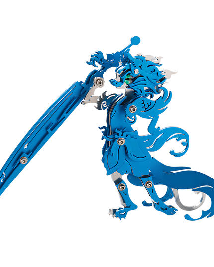 A vibrant blue and silver DIY 3D puzzle metal kit warrior metal model with green gemstone eyes, wielding a sword. This dynamically posed metal figure makes an excellent and amusing tabletop decoration, perfect for adding heroic flair to any collection or display.