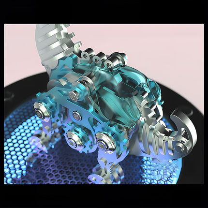 Close-up of a blue translucent mechanical steampunk Brachiosaurus head and body, showcasing intricate gears. A captivating 3D puzzle metal kit, perfect for a unique steampunk puzzle collection.