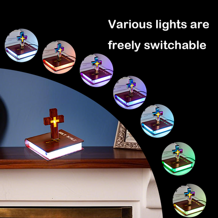 Christian-themed magnetic floating lamp featuring a Holy Bible and cross design with multiple color options for ambient lighting