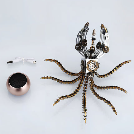  A mechanical steampunk octopus metal model, crafted from metal chains and gears, alongside a portable speaker and charging cable. This unique steam punk mech is also a creative 3D puzzle.
