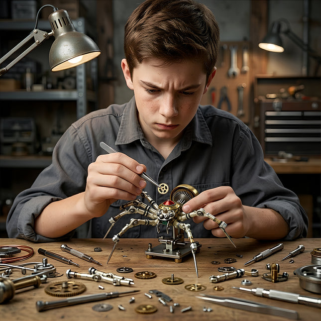 A boy focused on assembling a mechanical spider steampunk puzzle, DIY 3D puzzle Metal Kits by tablefunny, high-quality metal model for hobbyists.