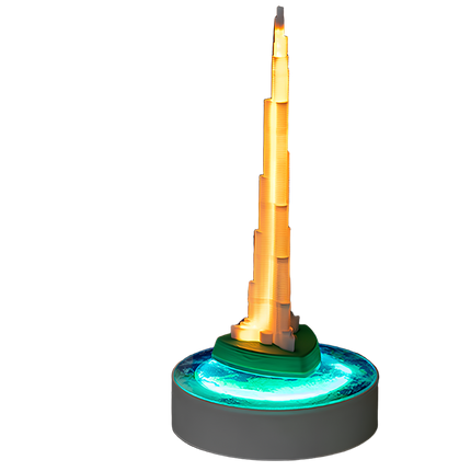 Floating tower night light with ice-blue base glow, unique architectural desk decor