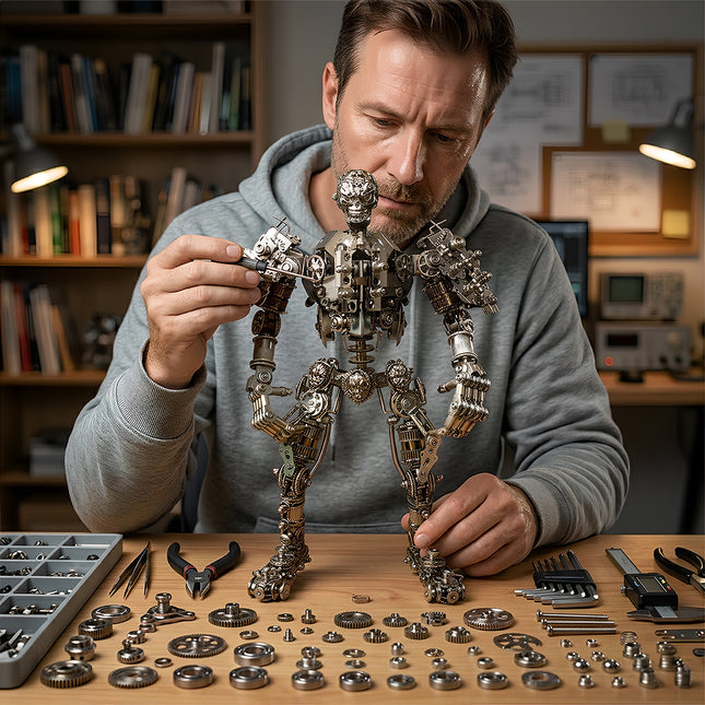  A dedicated hobbyist DIY assembling a complex humanoid robot metal model, using professional metal kits to create a unique 3D puzzle for funny table decor.