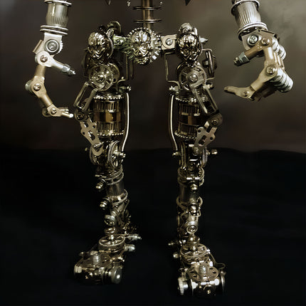  Intricately designed mechanical steampunk legs and arms for a "Body of Steel" metal model, featuring gears and metallic components. A detailed 3D puzzle metal kit for assembly.