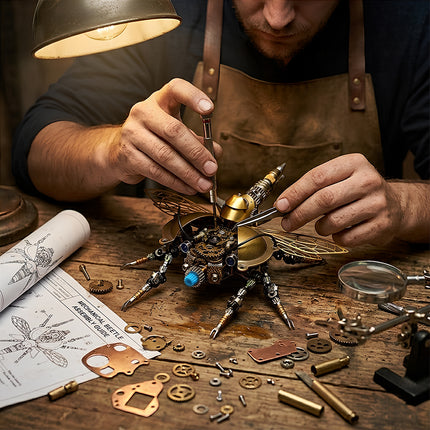 Detailed assembly of a steampunk puzzle insect, featuring intricate steam punk mech components and professional technical blueprints.