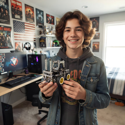 Close-up view of a fully assembled metal forklift model puzzle kit held by a teenager in a modern bedroom workspace.