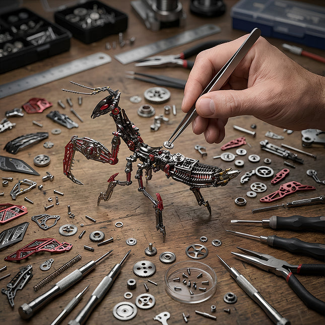 A close-up of hands meticulously assembling a cyberpunk praying mantis metal model, an intricate 3D puzzle, using tweezers to place tiny gears on a wooden workbench cluttered with numerous mechanical steampunk components, tools, and metal kit parts.