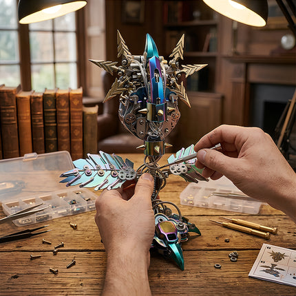 Detailed construction of a large 3D puzzle Metal Kits project, showing the precision tools and high-quality parts of our metal model collection.