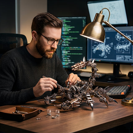 High-detail steam punk mech assembly in a modern tech setup, a sophisticated metal model masterpiece for adult collectors and tech enthusiasts.