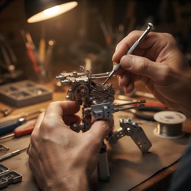 Close-up of a hobbyist using tools to assemble an intricate mechanical steampunk mech, a challenging DIY 3D puzzle Metal Kit.

