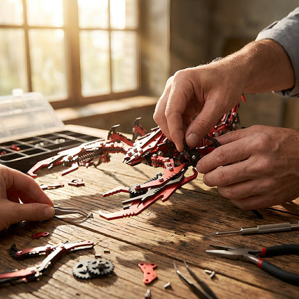 Building a red steam punk mech warrior, a detailed 3D puzzle Metal Kits experience showcasing premium craftsmanship.