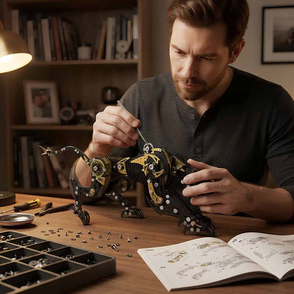 A focused hobbyist assembling an intricate black and gold steam punk mech leopard, a premium mechanical steampunk 3D puzzle Metal Kit for adults.