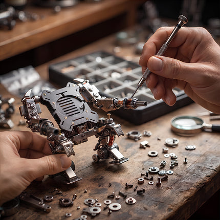 Close-up of hands assembling a mechanical steampunk robot using precision tools and 3D puzzle metal kits.