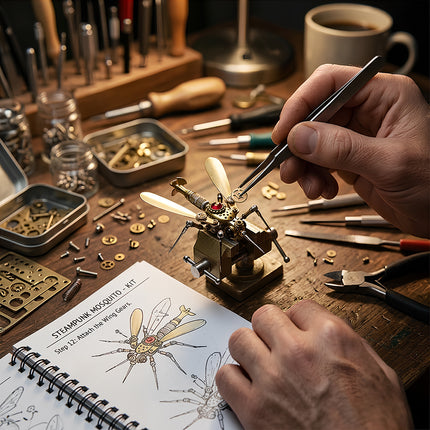 A close-up of hands carefully assembling a miniature steampunk mosquito metal model, a delicate 3D puzzle, using tweezers to attach a tiny gear, with an instruction manual and numerous mechanical steampunk components from a metal kit spread on a rustic wooden workbench.