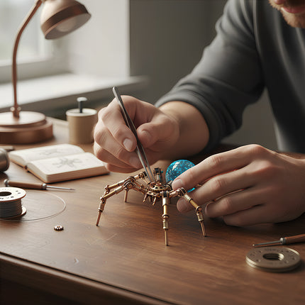  A person building a steam punk mech spider with precision tools, the ultimate metal model challenge from TableFunny.
