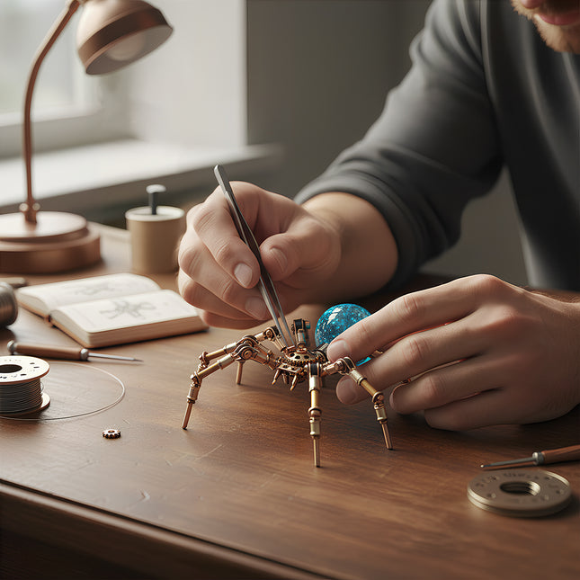  A person building a steam punk mech spider with precision tools, the ultimate metal model challenge from TableFunny.
