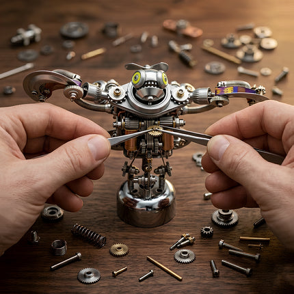 Close-up of hands using tweezers to meticulously assemble a small steampunk robot, a mechanical steampunk 3D puzzle, with gears and metal components laid out on a wooden workbench, showcasing the intricacy of metal kits.