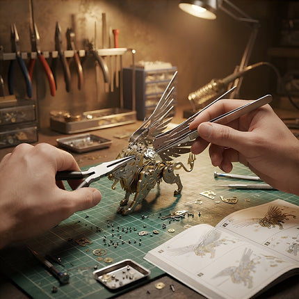 Hands using professional tools to assemble a detailed winged lion mechanical steampunk puzzle, a challenging 3D puzzle Metal Kit on a hobby workbench.
