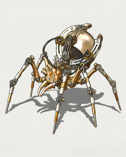 Table Funny DIY 3D Puzzle Metal Kit: A finely crafted mechanical spider metal model featuring sharp golden fangs, multi-jointed legs, and a polished spherical body—a complex DIY assembly project
