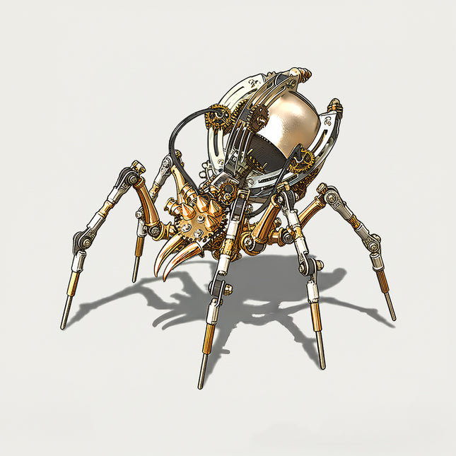 Table Funny DIY 3D Puzzle Metal Kit: A finely crafted mechanical spider metal model featuring sharp golden fangs, multi-jointed legs, and a polished spherical body—a complex DIY assembly project