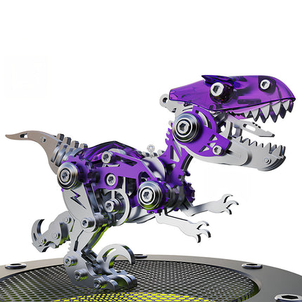 Purple and silver metal model T-Rex 3D puzzle metal kits on display, a unique mechanical steampunk dinosaur for hobbyists.