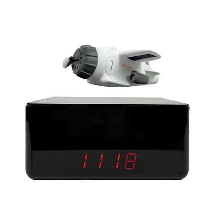 White model airplane levitating above a black rectangular base with red LED display via magnetic levitation – modern anti-gravity desk gadget