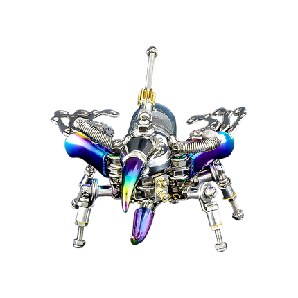 Mechanical Dazzling Armor" beetle mech metal model with iridescent details on a transparent background, a captivating 3D puzzle and steampunk collectible.