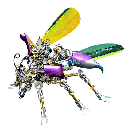Steampunk hornet mech metal model with vibrant iridescent wings on a transparent background, a colorful 3D puzzle metal kit for mechanical steampunk.