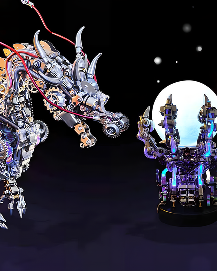 A stunning DIY metal dragon model, intricately designed with gears and wires, facing a glowing orb held by a futuristic mechanical stand. This metal model is a perfect funny table centerpiece for enthusiasts of 3D puzzle metal kits