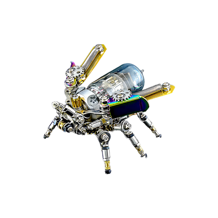 Mechanical Firefly" metal model with transparent vacuum tube and iridescent parts on a transparent background, a detailed 3D puzzle for steampunk collectors.