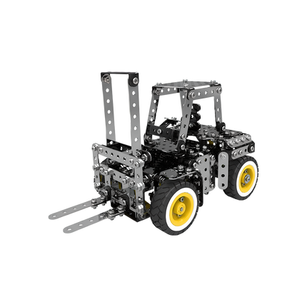 Interactive metal model forklift with functional prongs and mast—an engaging build that stands out on any funny table display