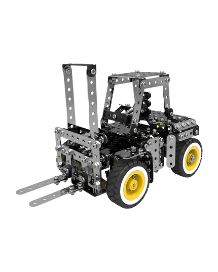 Interactive metal model forklift with functional prongs and mast—an engaging build that stands out on any funny table display