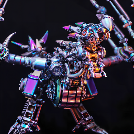 Close-up of the pterosaur model's torso and head, showcasing intricate gears, pistons, and luminous accents. This exquisite metal model is a challenging assembly piece from our premium 3D metal kit series, designed to serve as an eye-catching and engaging desktop ornament