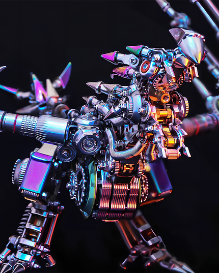Close-up of the pterosaur model's torso and head, showcasing intricate gears, pistons, and luminous accents. This exquisite metal model is a challenging assembly piece from our premium 3D metal kit series, designed to serve as an eye-catching and engaging desktop ornament