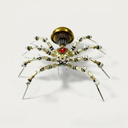 Striking steampunk spider metal model 3D puzzle kit, showcasing a fascinating array of metallic components, articulated legs, and a prominent golden dome with intricate gears. This engaging DIY metal kits project is a funny table conversation starter and a unique piece of industrial art.