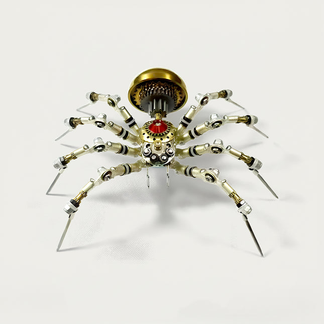 Striking steampunk spider metal model 3D puzzle kit, showcasing a fascinating array of metallic components, articulated legs, and a prominent golden dome with intricate gears. This engaging DIY metal kits project is a funny table conversation starter and a unique piece of industrial art.
