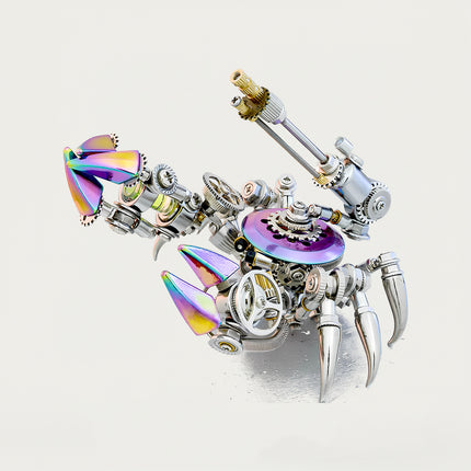 Mechanical Crab" metal model with vibrant iridescent claws and intricate gears on a light background, a stunning 3D puzzle for mechanical steampunk collectors.