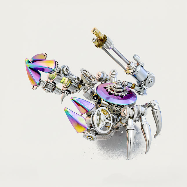 Mechanical Crab" metal model with vibrant iridescent claws and intricate gears on a light background, a stunning 3D puzzle for mechanical steampunk collectors.