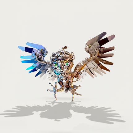  Articulated 3D metallic puzzle mechanical owl with widespread wings, a sophisticated metal model kit / puzzle métallique 3d showcasing intricate craftsmanship.