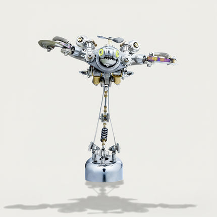 Whimsical 3D metallic puzzle mechanical turtle with a propeller and expressive yellow eyes, a unique metal model kit / puzzle mécanique métal in a dynamic pose.