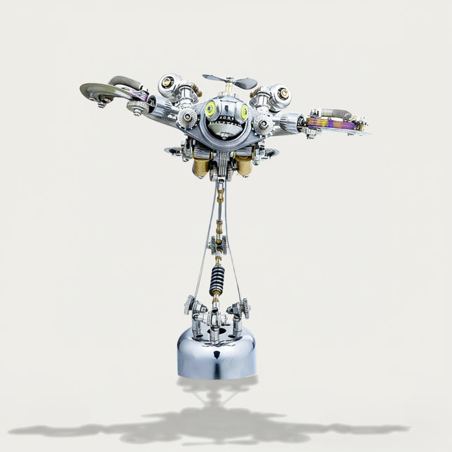 Whimsical 3D metallic puzzle mechanical turtle with a propeller and expressive yellow eyes, a unique metal model kit / puzzle mécanique métal in a dynamic pose.