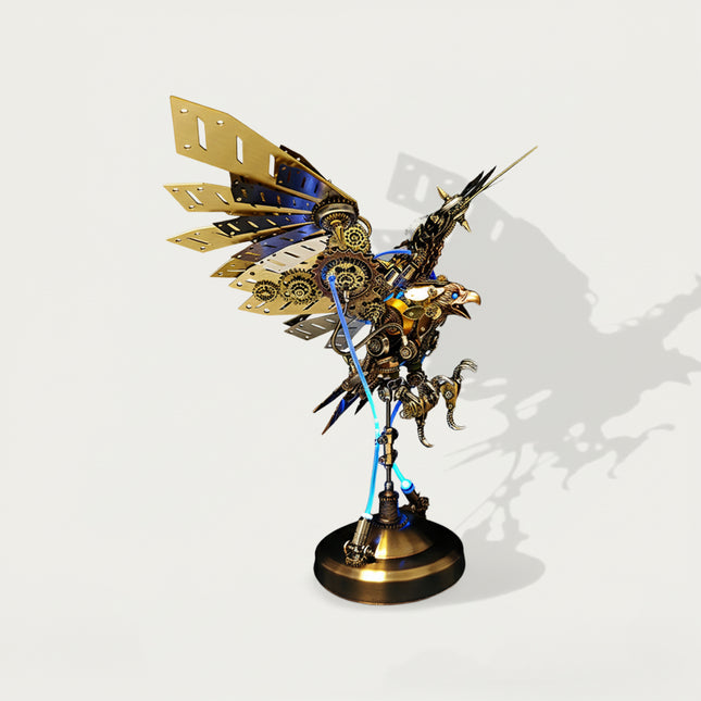  Steampunk mechanical eagle metal model with golden wings and blue glowing accents, a striking 3D puzzle for mechanical steampunk display.