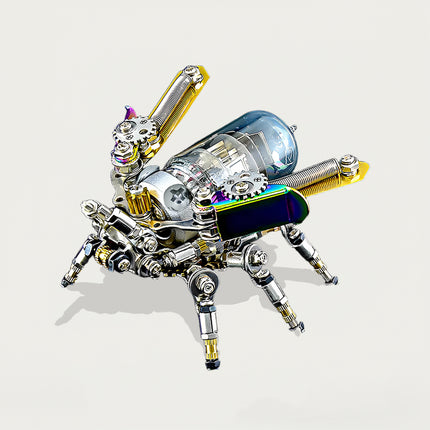 Mechanical Firefly" metal model with transparent vacuum tube and iridescent components, a detailed 3D puzzle for mechanical steampunk collectors.